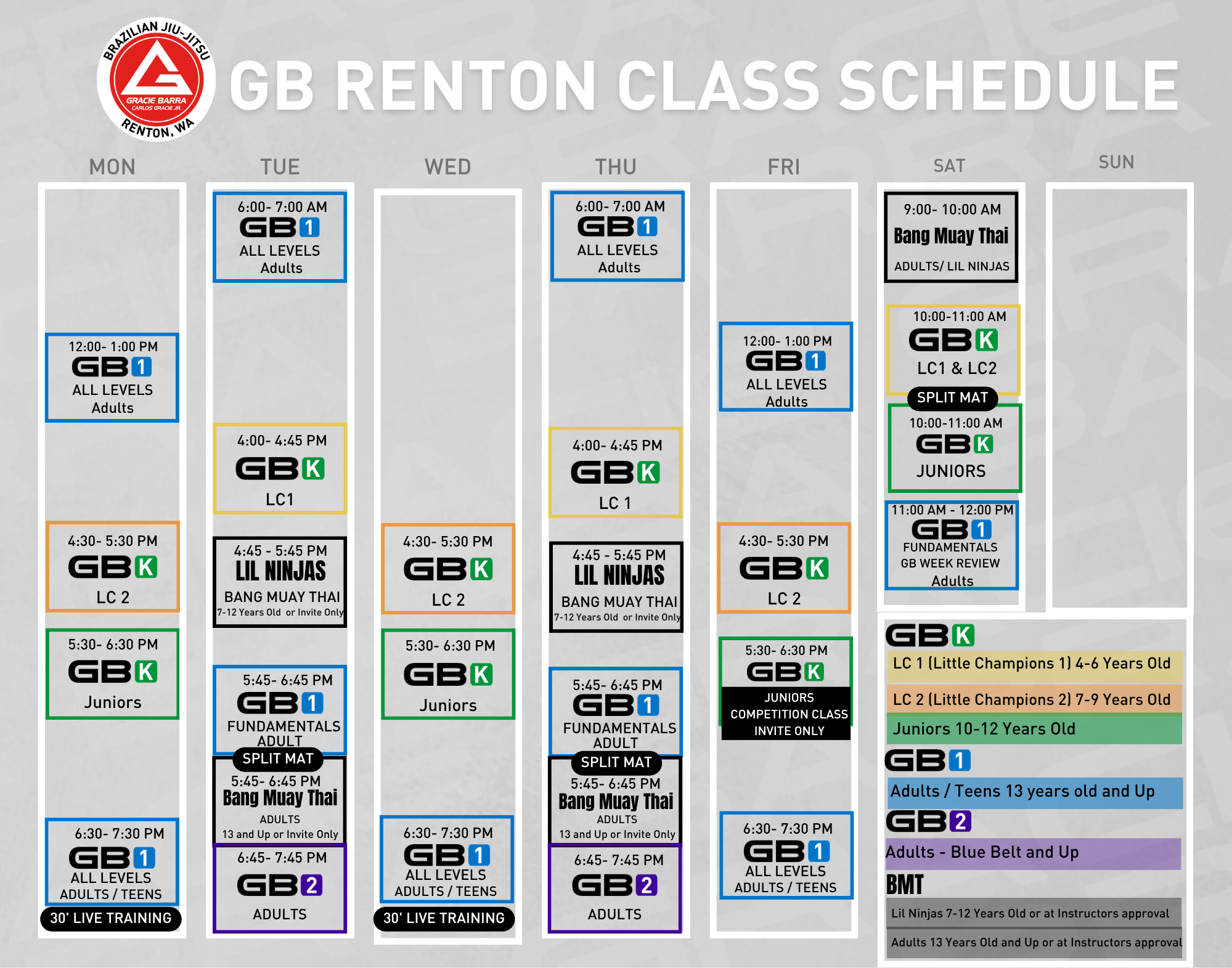 Gracie Barra Martial Arts & Training Schedule in Renton, Washington 1 GBR CLASS SCHEDULE 06.26.2026