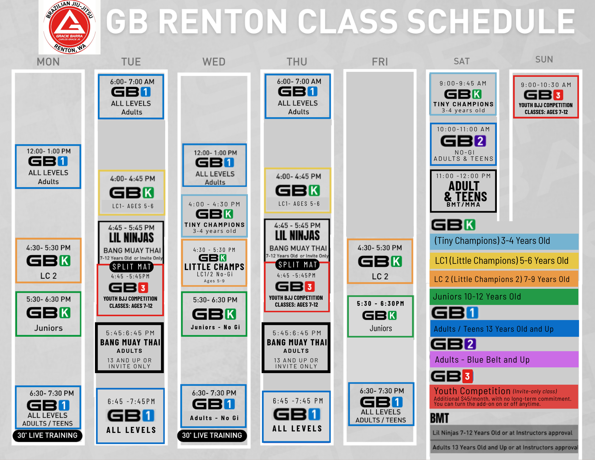 Gracie Barra Martial Arts & Training Schedule in Renton, Washington 1 GBR Schedule Eff 10.19.2026